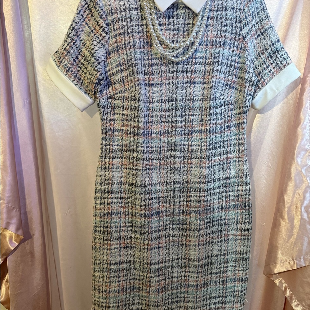 Shelby & Palmer Blue and White Sheath Dress with Peter Pan Collar